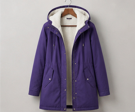 Gwendolen long waterproof parka in purple on a hanger, open front view