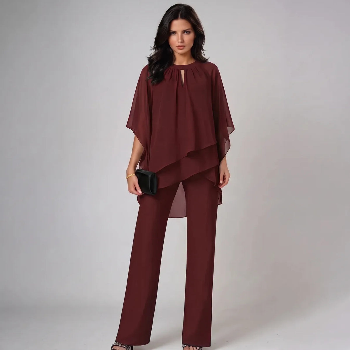 Mercy layered chiffon top and trouser set in burgundy, full-length front view