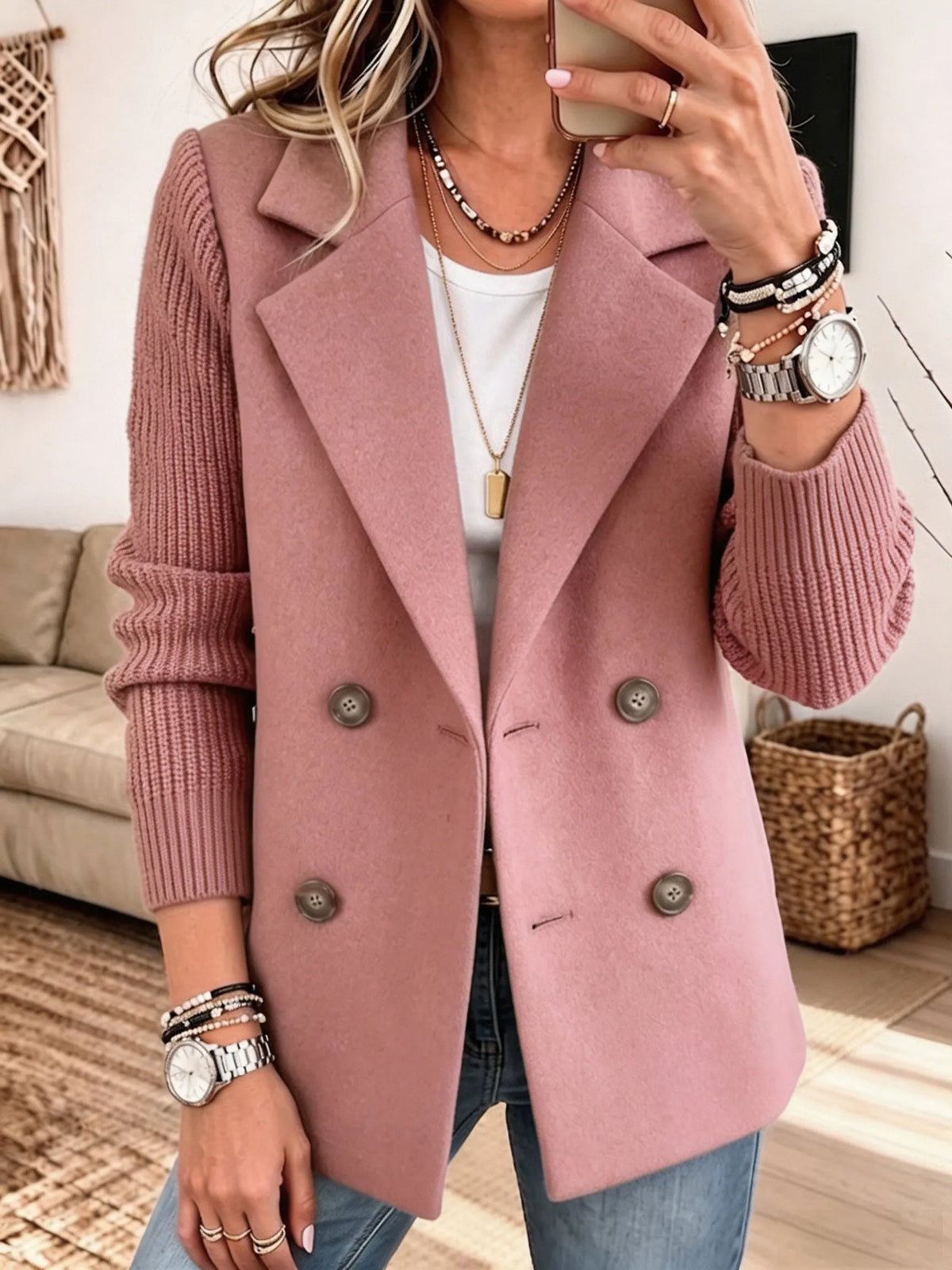 Clementina double-breasted blazer in pink, front view