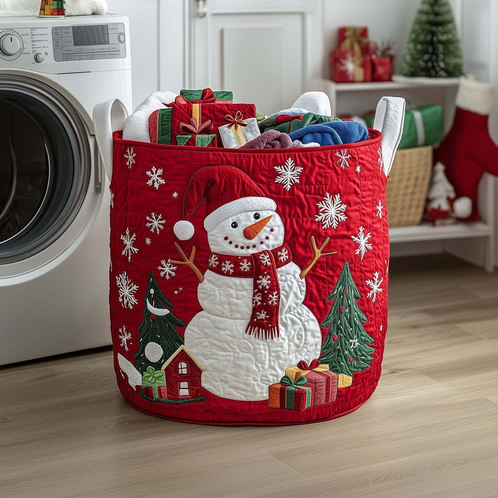 Enrica hand-quilted laundry basket with a snowman and snowflakes on festive red, front view