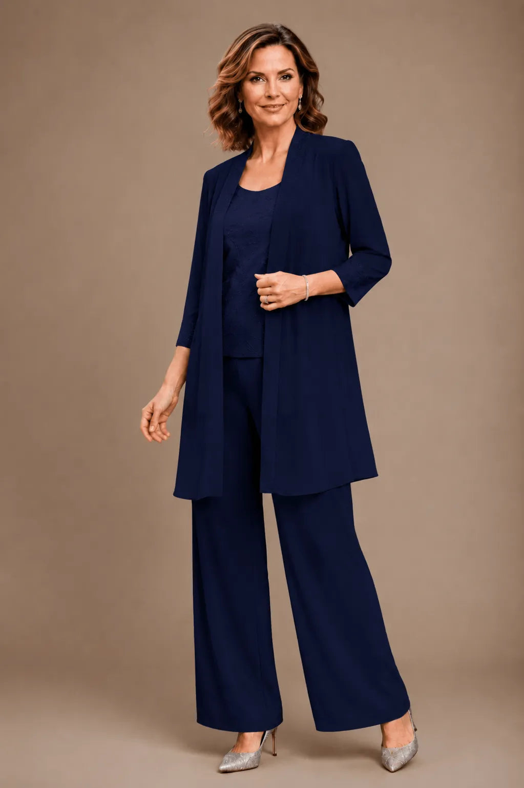 Anthea embroidered three-piece trouser suit in navy, full-length front view