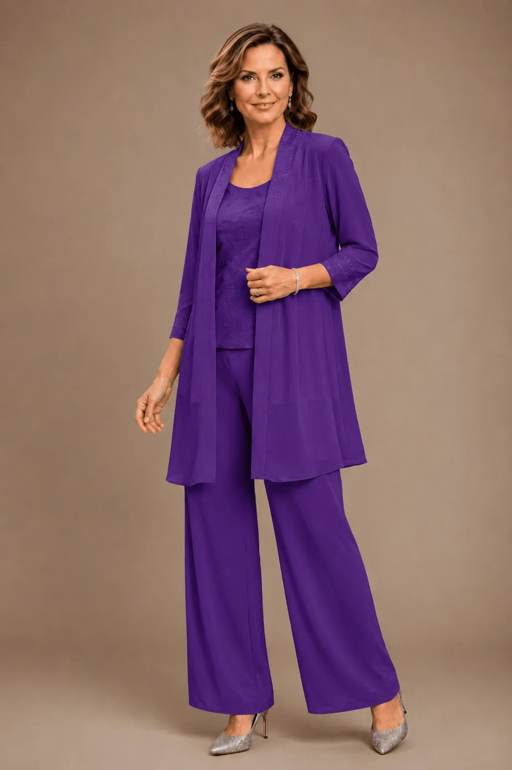 Anthea embroidered three-piece trouser suit in purple, full-length front view