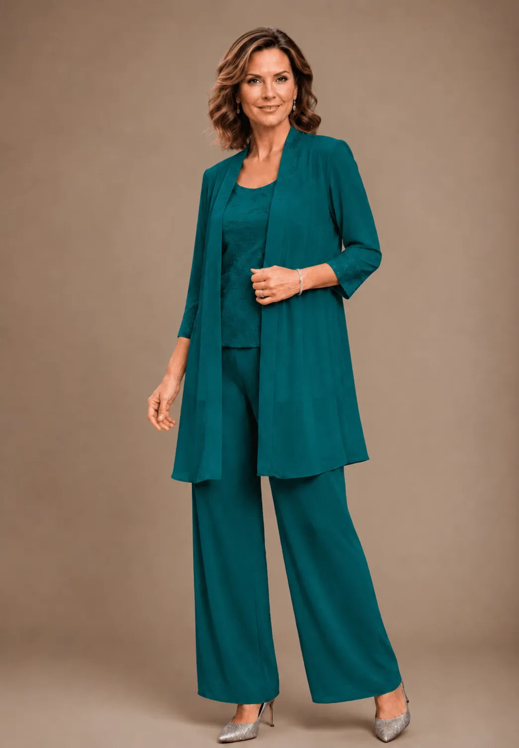 Anthea embroidered three-piece trouser suit in teal, full-length front view