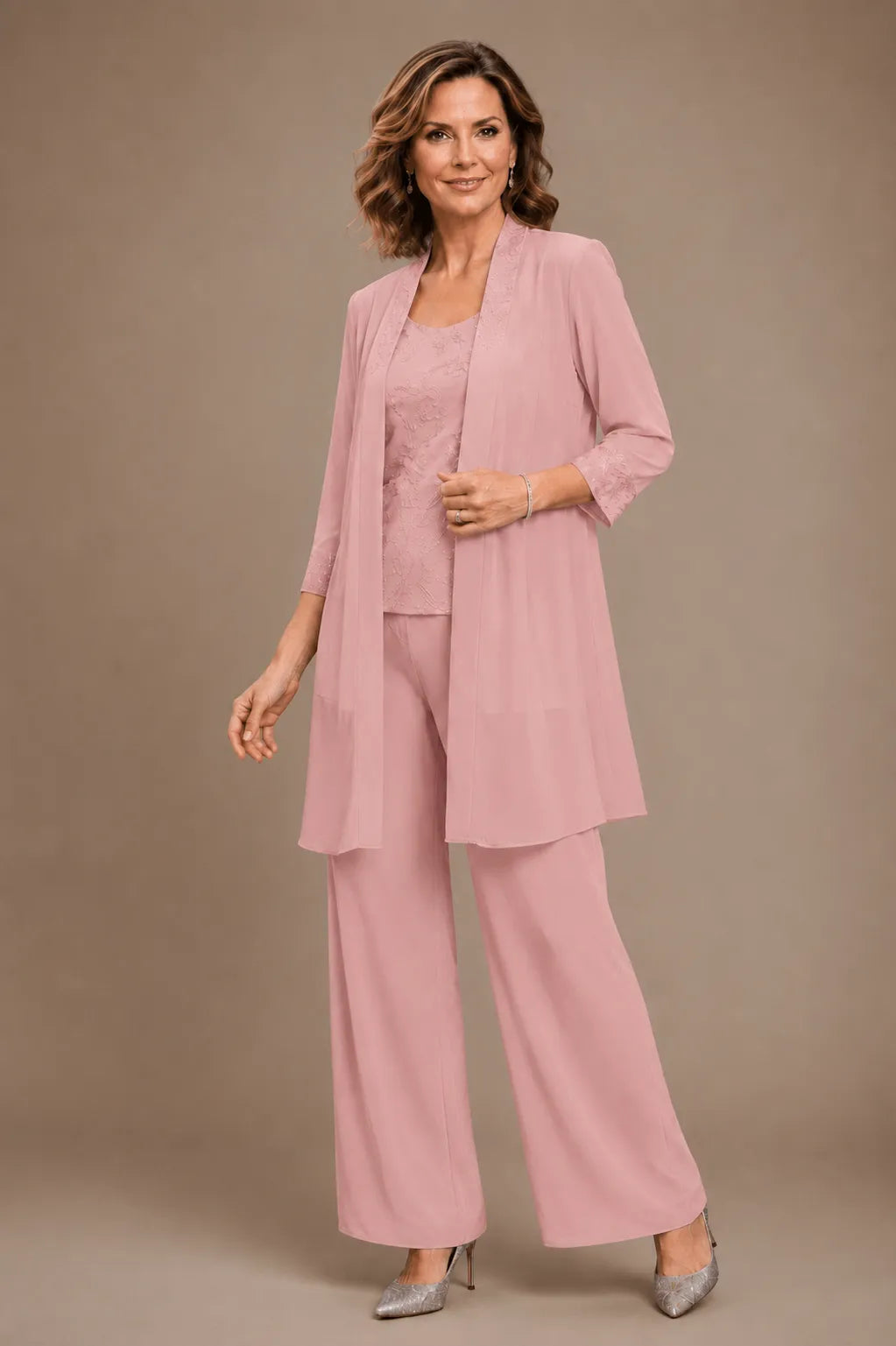 Anthea embroidered three-piece trouser suit in pink, full-length front view