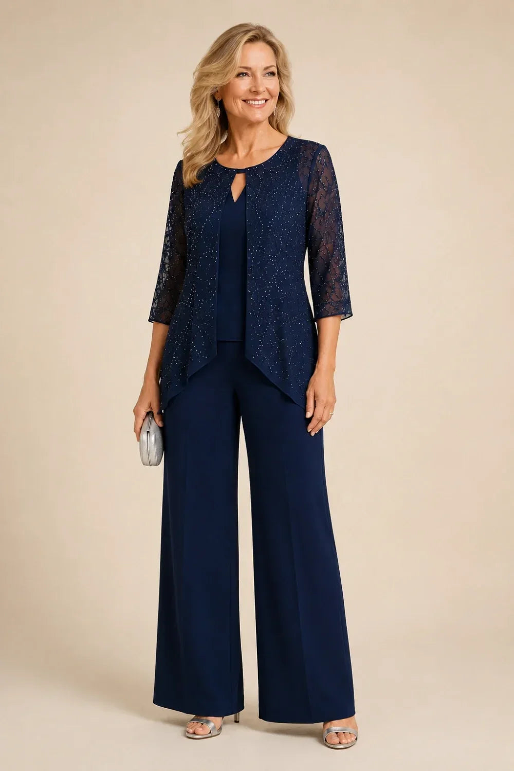 Meredith layered lace trouser suit in navy, full-length view with keyhole neckline