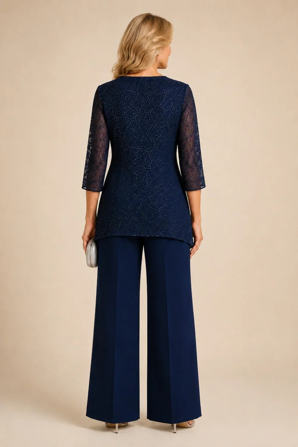 Meredith layered lace trouser suit in navy, full-length back view