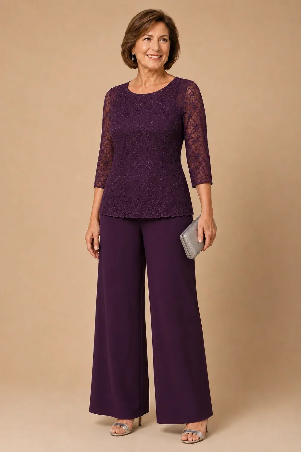 Priscilla beaded lace trouser suit in plum, full-length front view