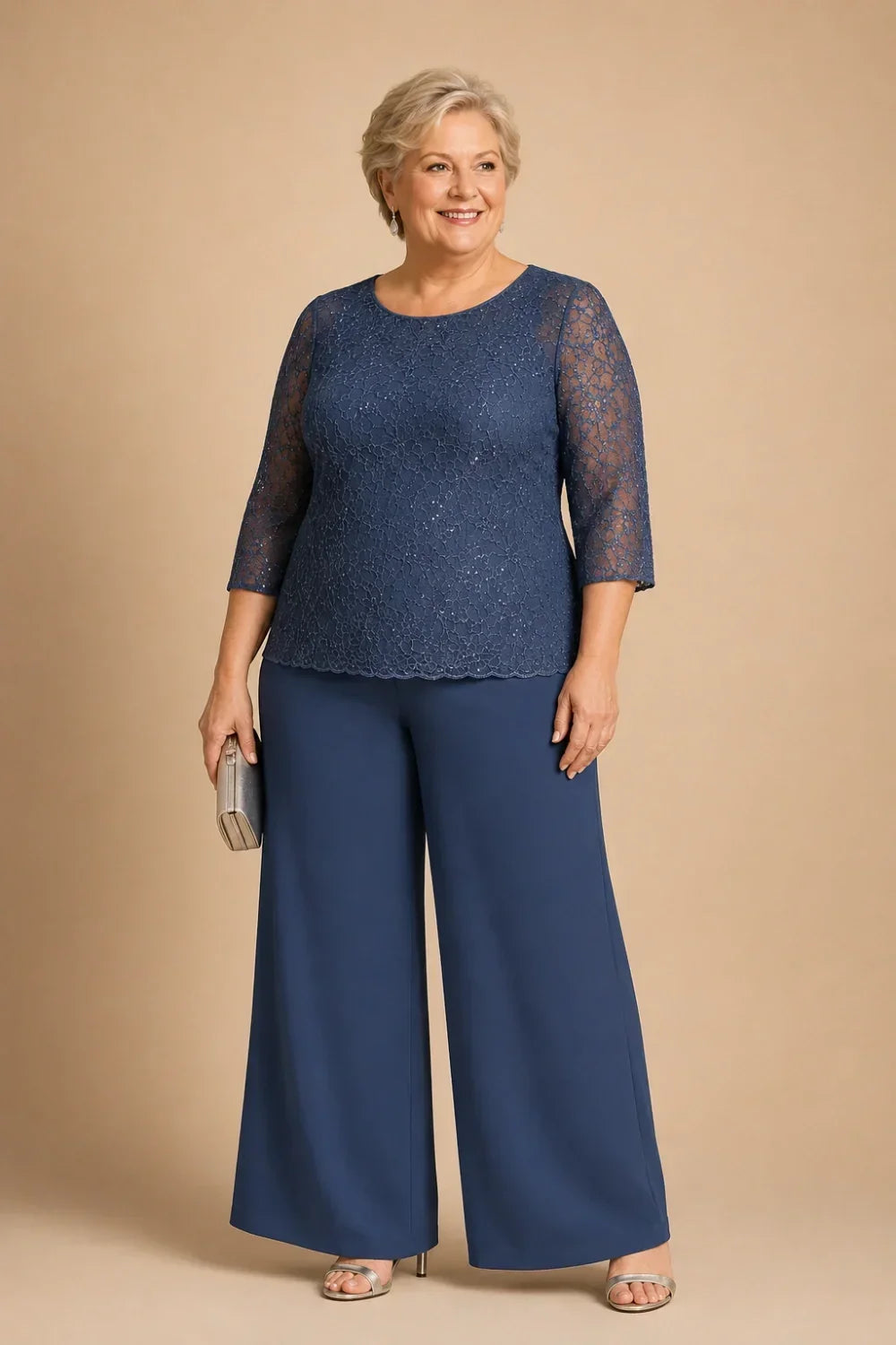 Priscilla beaded lace trouser suit in steel blue, full-length front view on a fuller figure