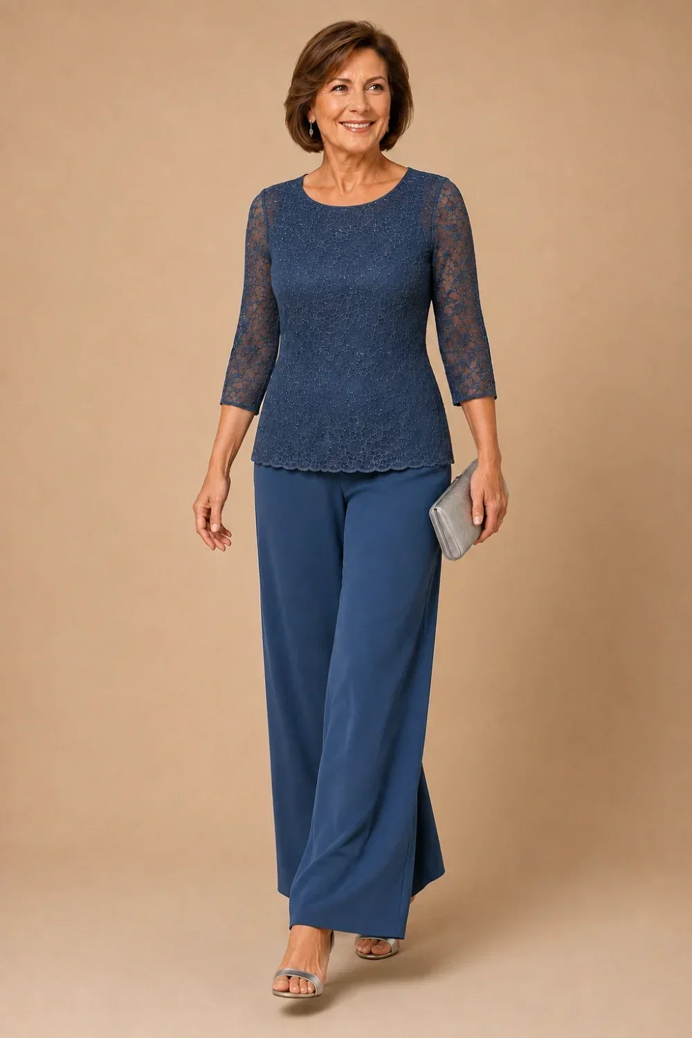 Priscilla beaded lace trouser suit in steel blue, walking view