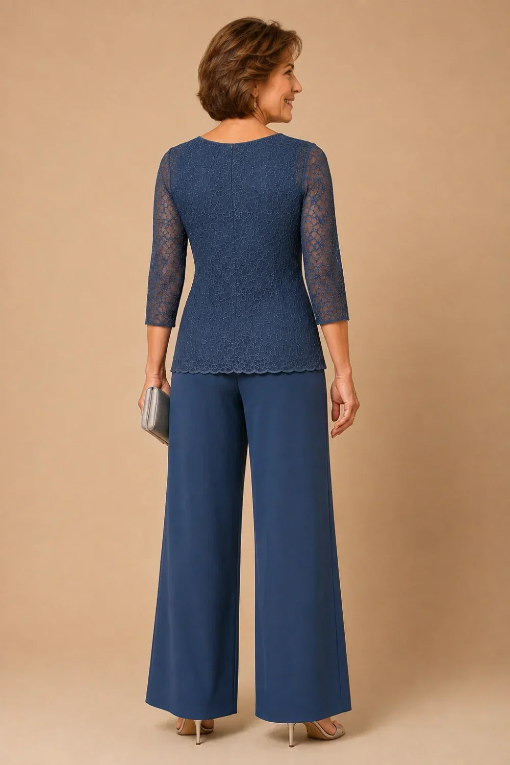 Priscilla beaded lace trouser suit in steel blue, full-length back view