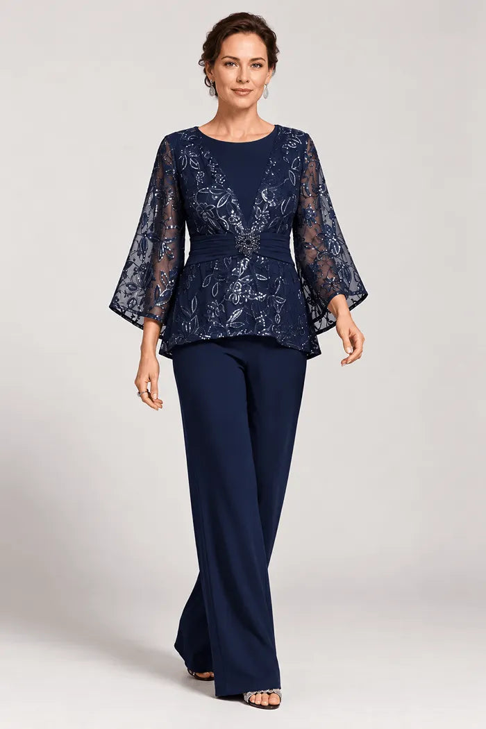 Susannah sequin bell-sleeve trouser suit in navy, full-length front view