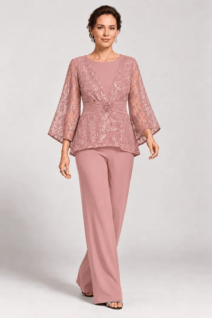 Susannah sequin bell-sleeve trouser suit in dusty rose, full-length front view
