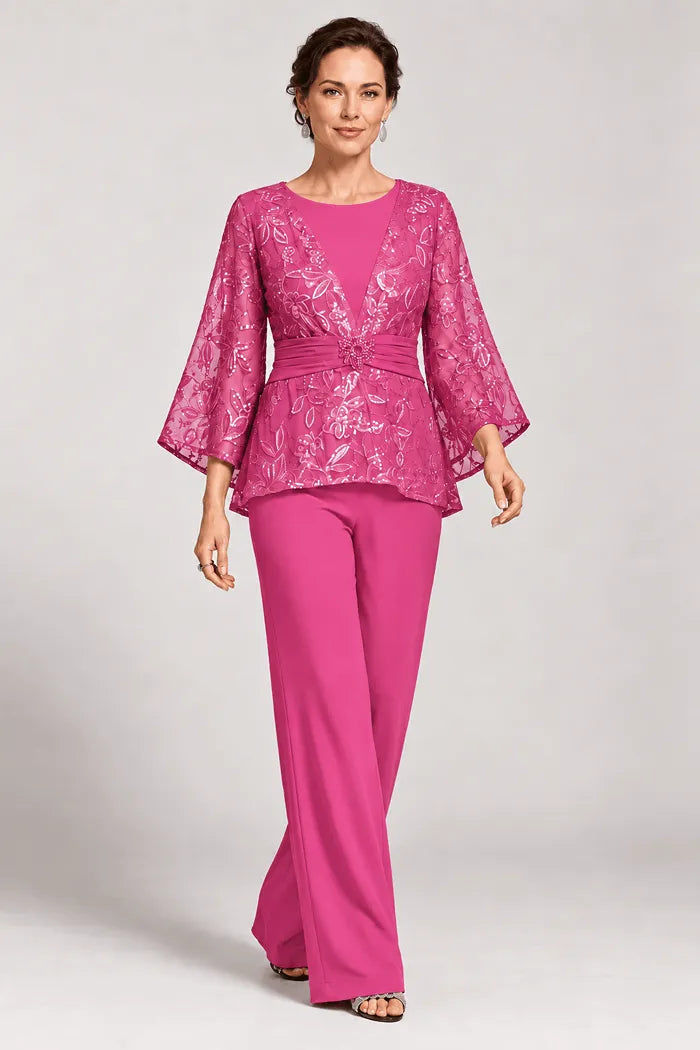 Susannah sequin bell-sleeve trouser suit in fuchsia, full-length front view