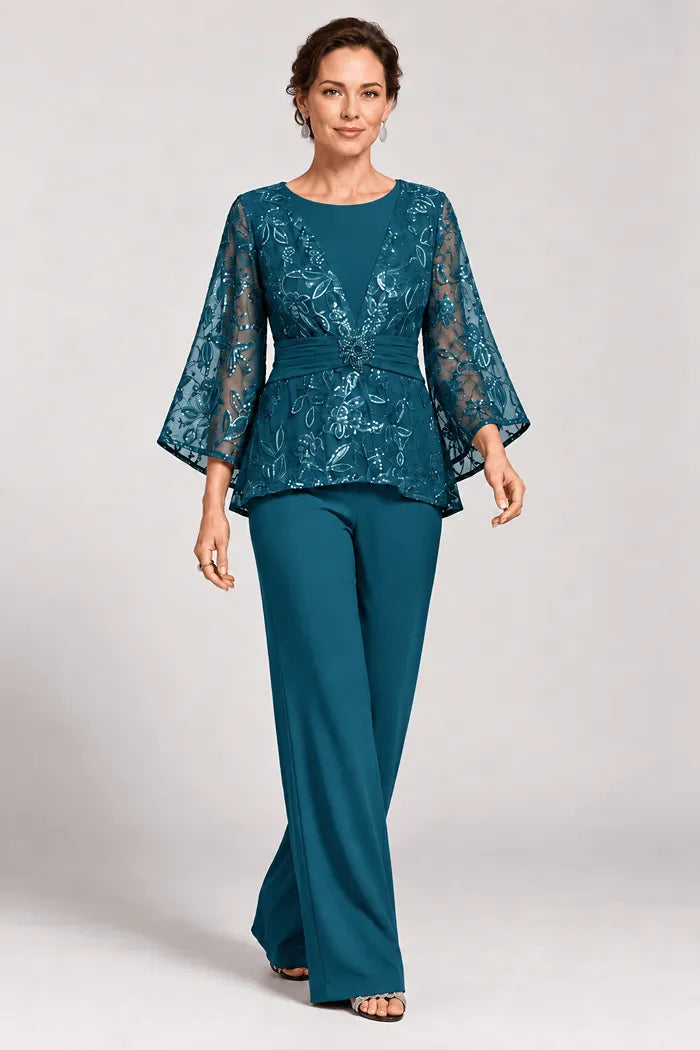 Susannah sequin bell-sleeve trouser suit in teal, full-length front view