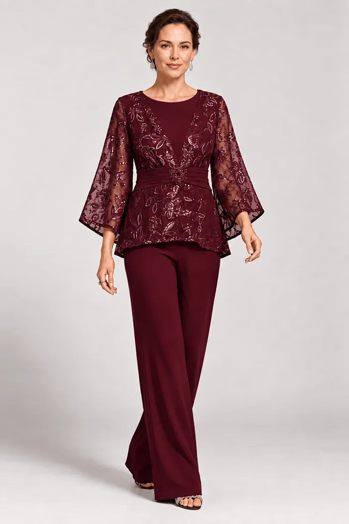 Susannah sequin bell-sleeve trouser suit in burgundy, full-length front view