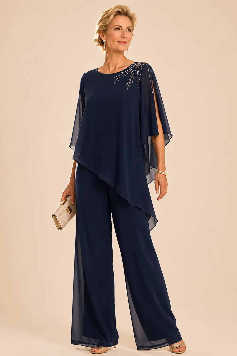 Lilian embellished chiffon trouser set in navy, full-length front view
