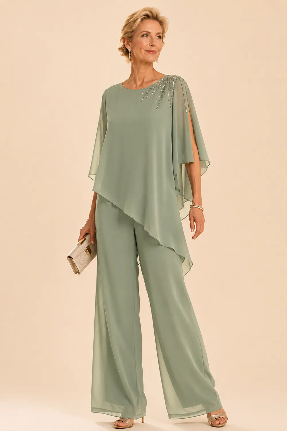 Lilian embellished chiffon trouser set in sage green, full-length front view