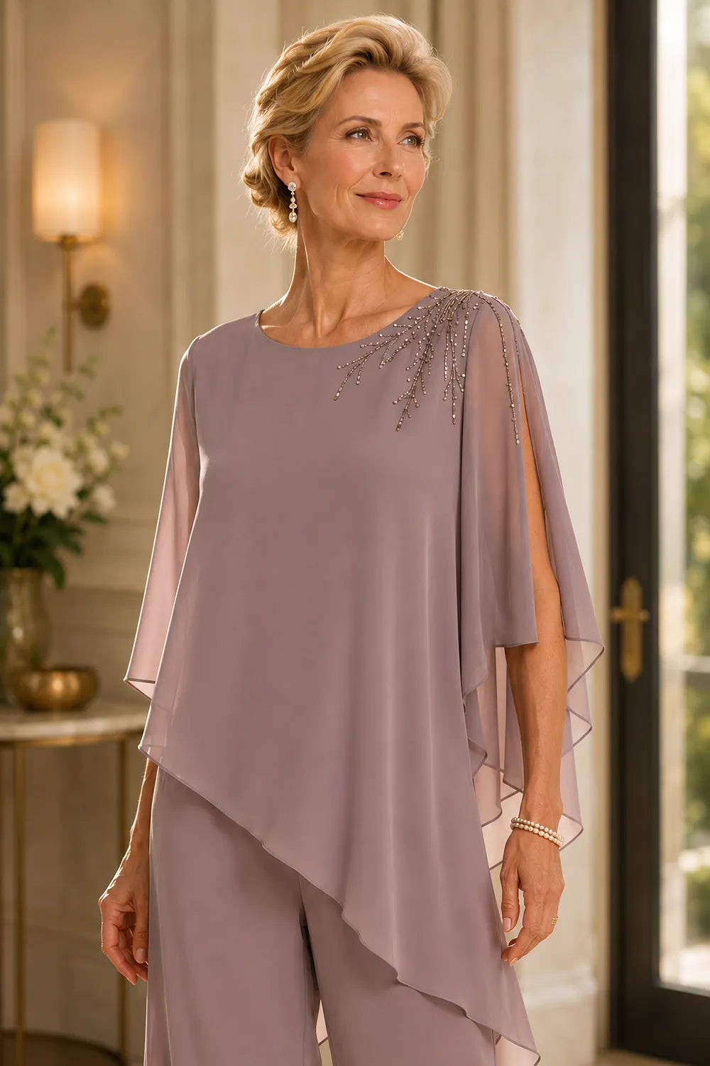 Lilian chiffon cape top in mauve, close-up of beaded shoulder