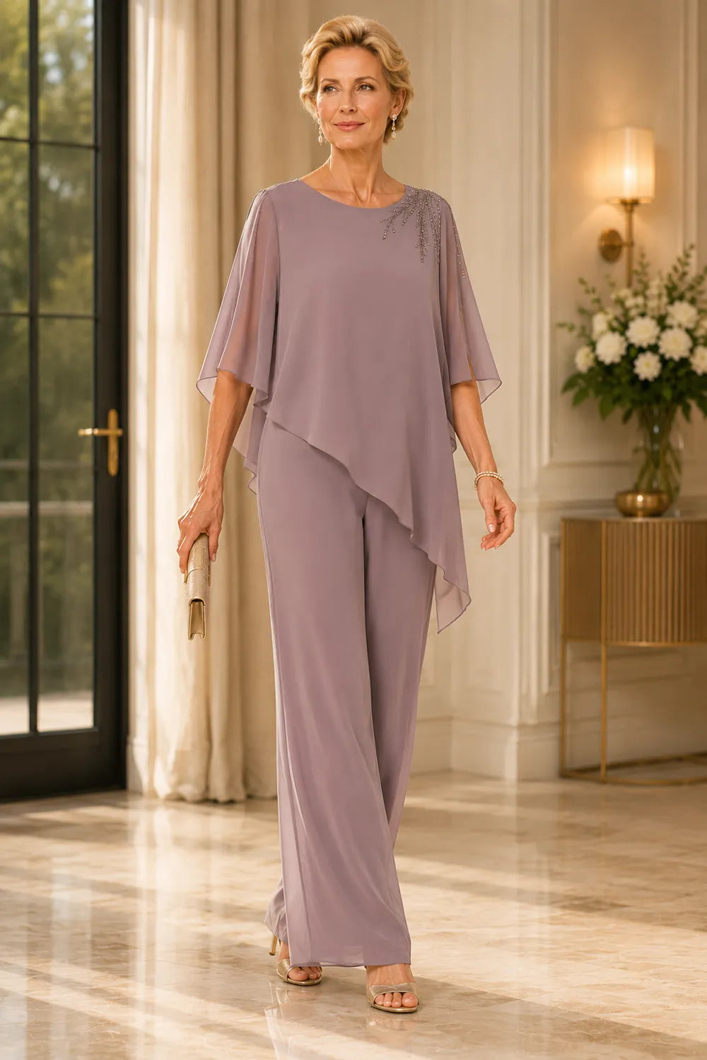 Lilian embellished chiffon trouser set in mauve, full-length view indoors