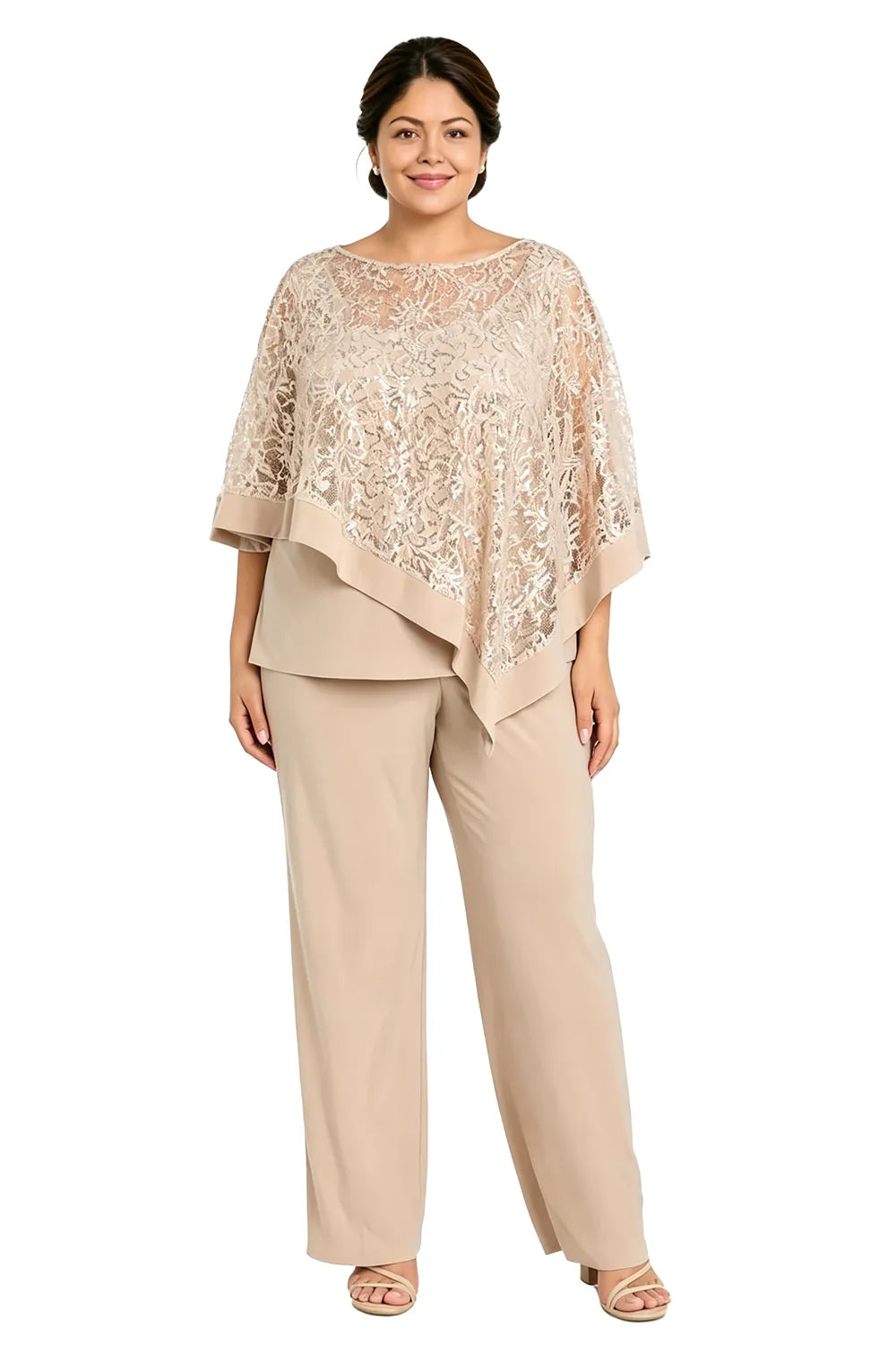 Geraldine sequin lace cape trouser set in champagne, full-length front view