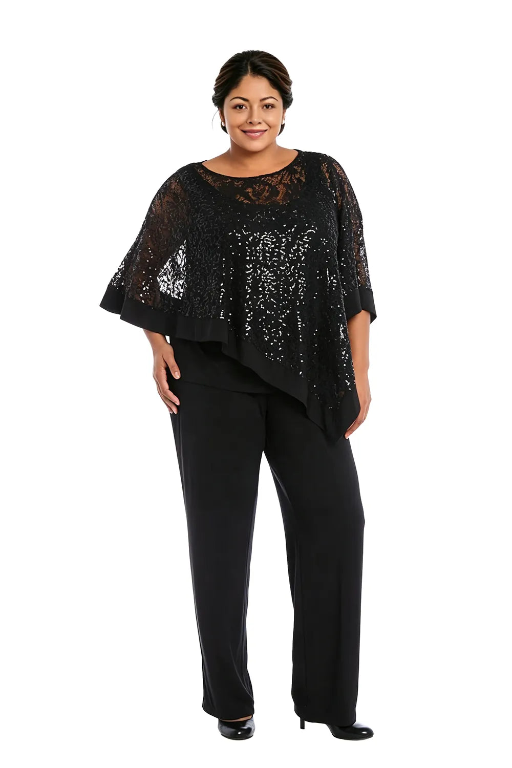 Geraldine sequin lace cape trouser set in black, full-length front view