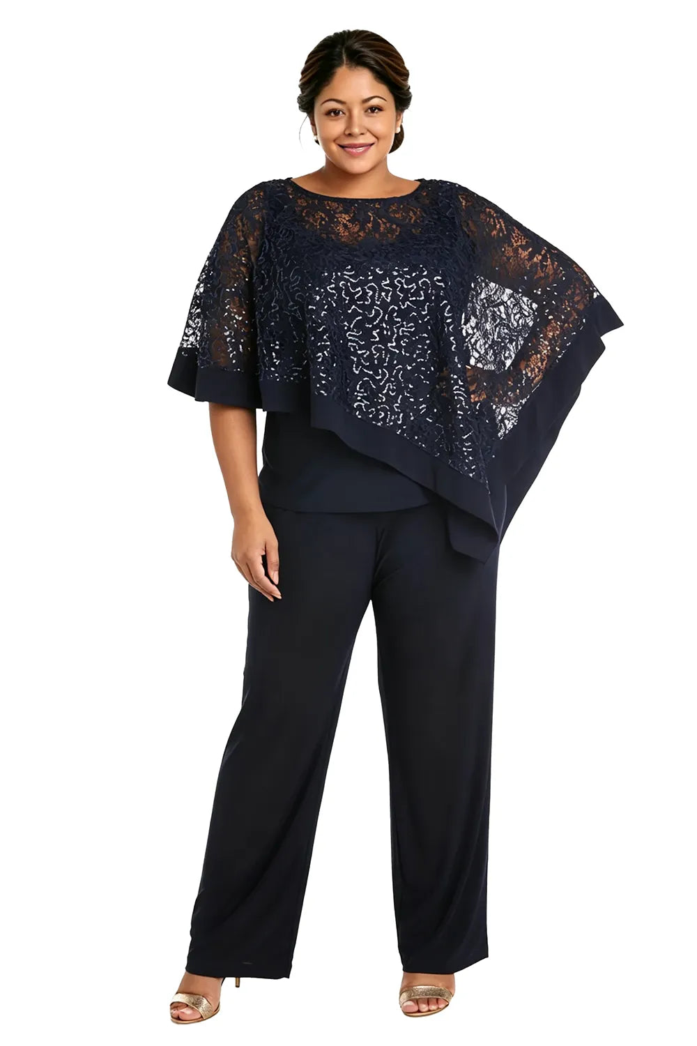 Geraldine sequin lace cape trouser set in navy, full-length front view