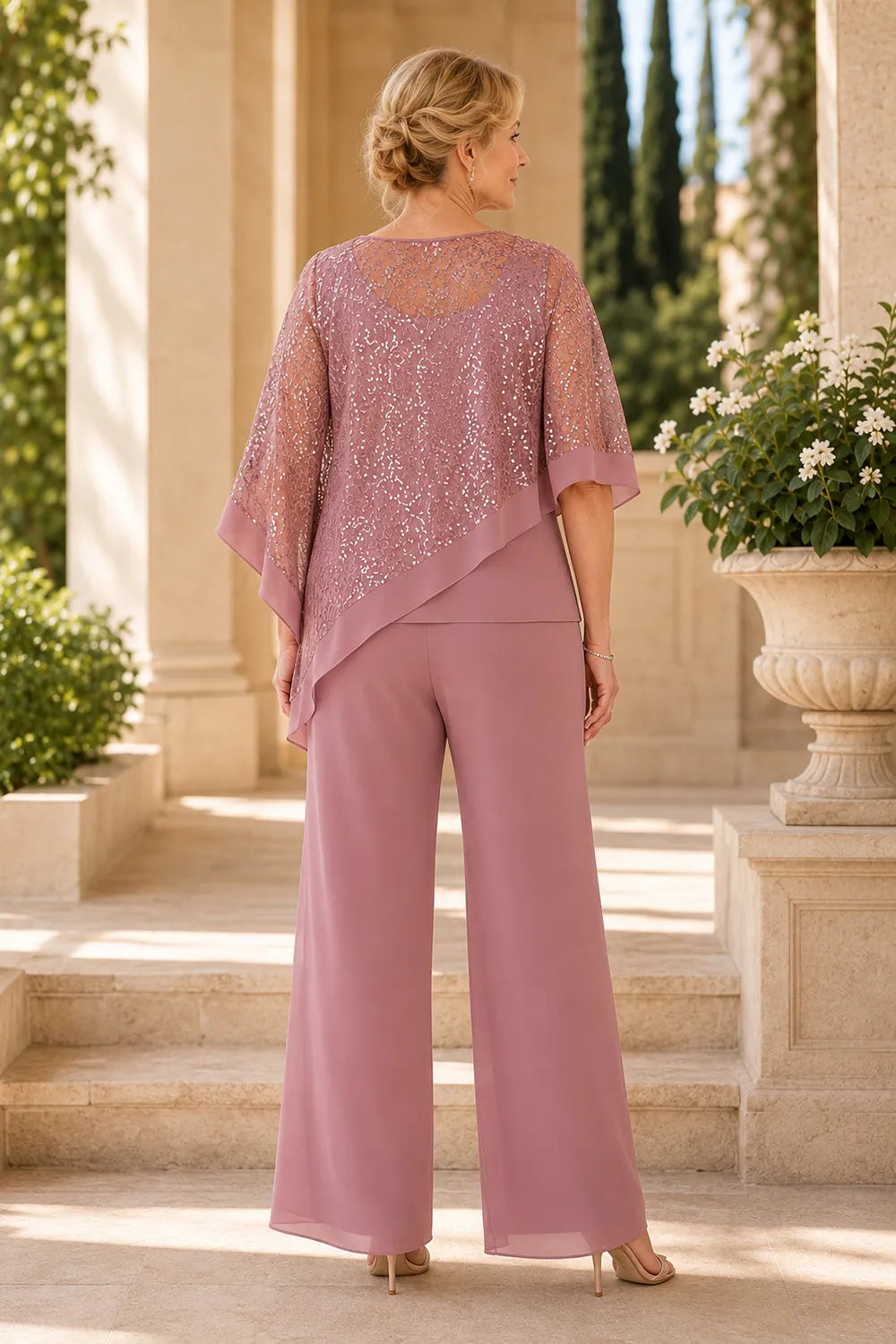 Geraldine sequin lace cape trouser set in dusty rose, back view