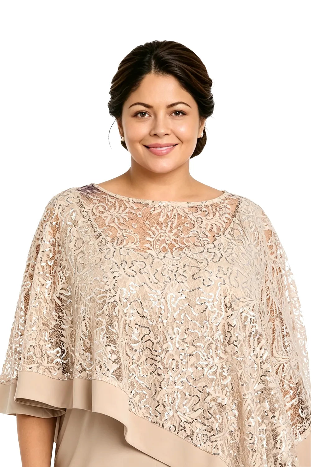 Geraldine sequin lace cape in champagne, close-up of lace and sequins