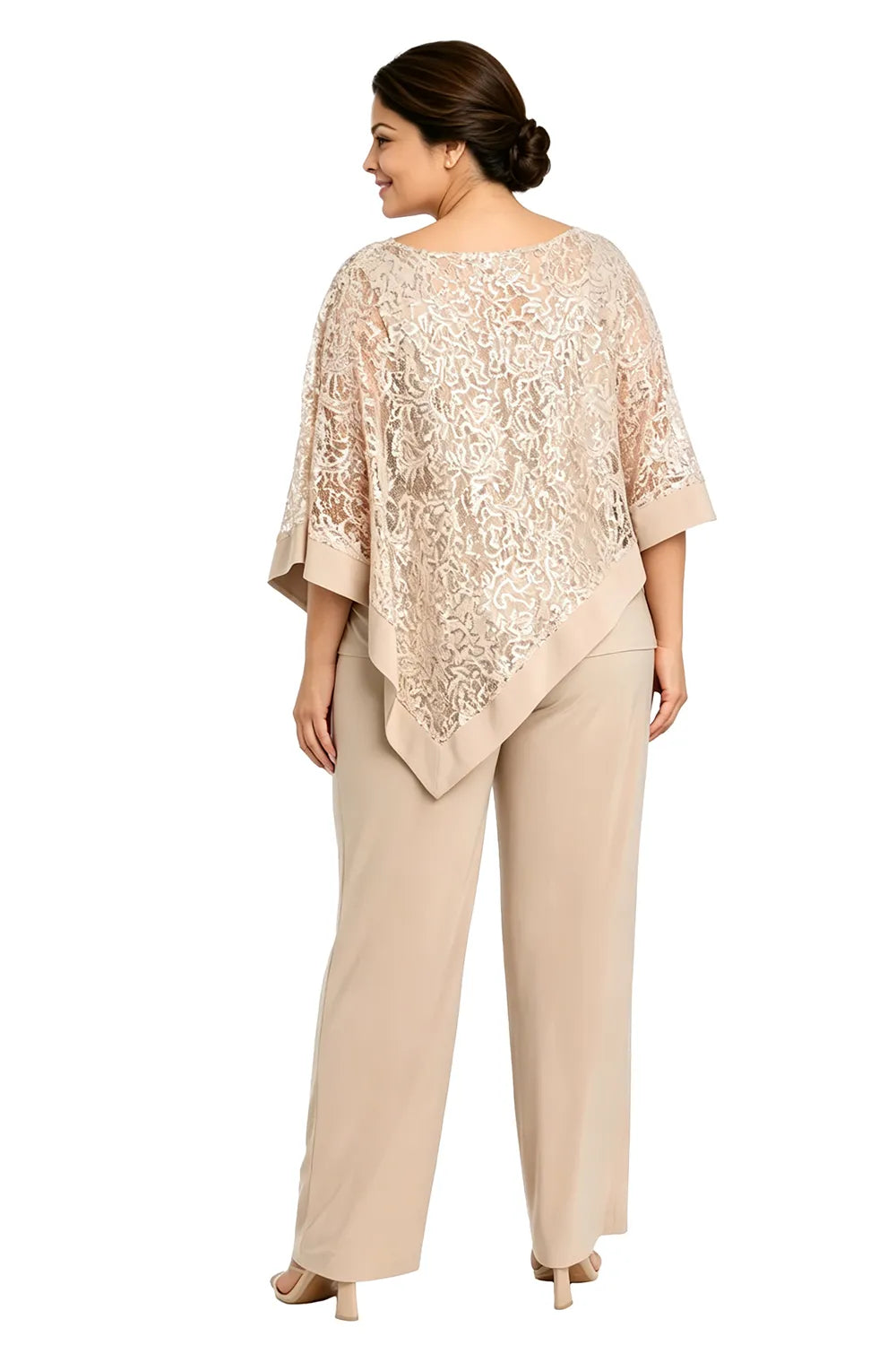 Geraldine sequin lace cape trouser set in champagne, back view of handkerchief hem