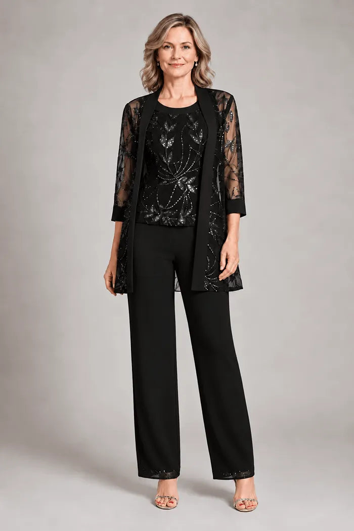 Genevieve three-piece sequin trouser suit in black, full-length front view