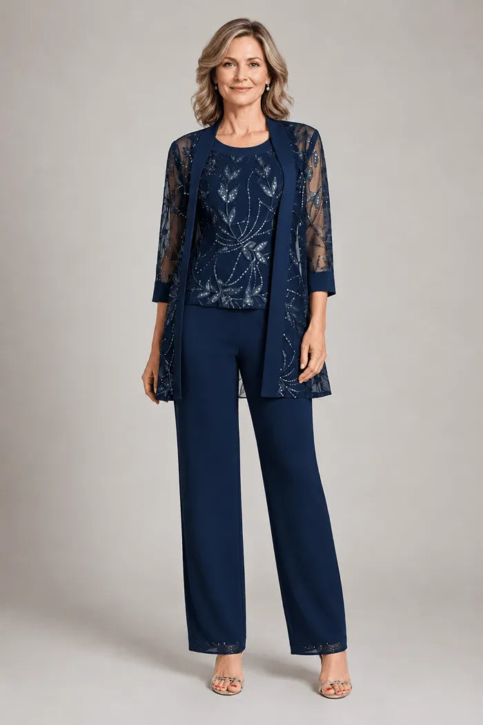 Genevieve three-piece sequin trouser suit in navy, full-length front view on second model