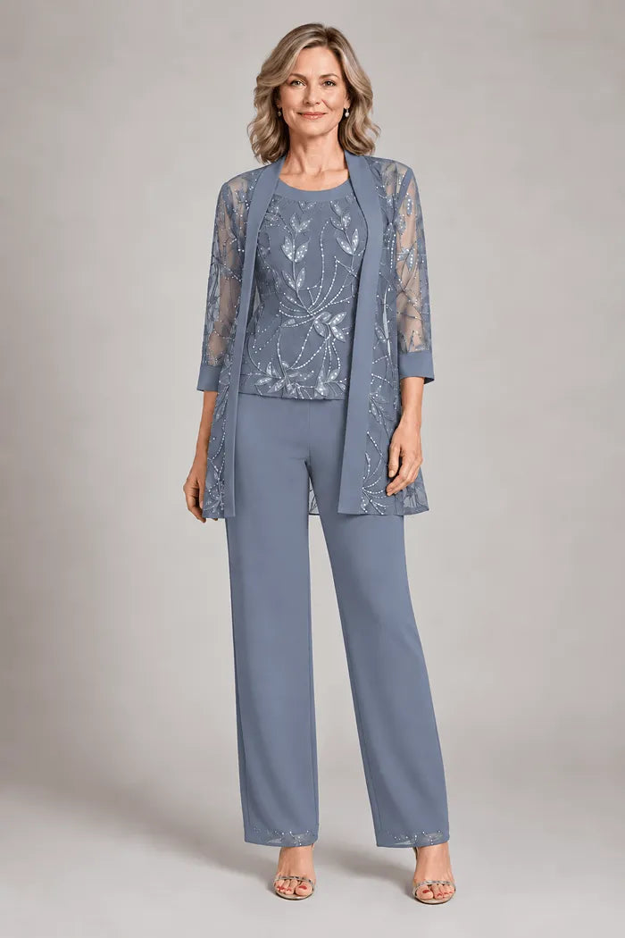 Genevieve three-piece sequin trouser suit in dusty blue, full-length front view
