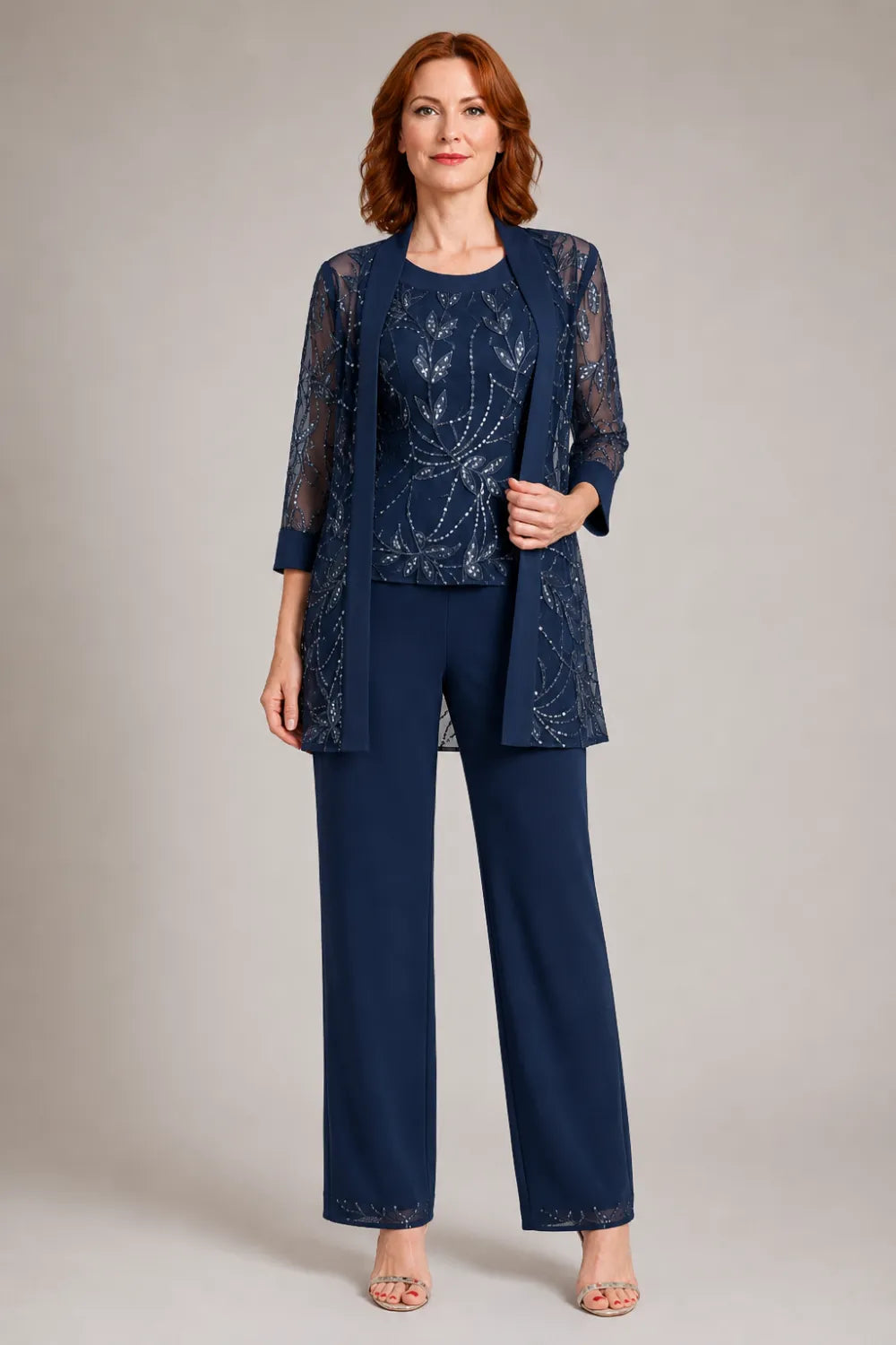 Genevieve three-piece sequin trouser suit in navy, full-length front view