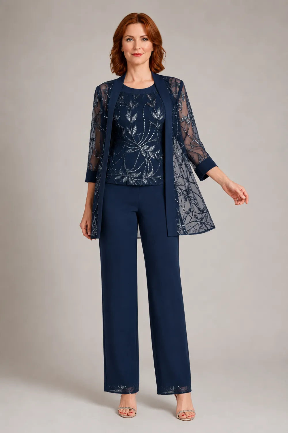 Genevieve three-piece sequin trouser suit in navy, full-length view with jacket open
