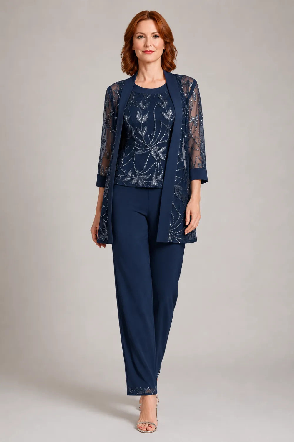 Genevieve three-piece sequin trouser suit in navy, full-length front view with straight-leg trousers