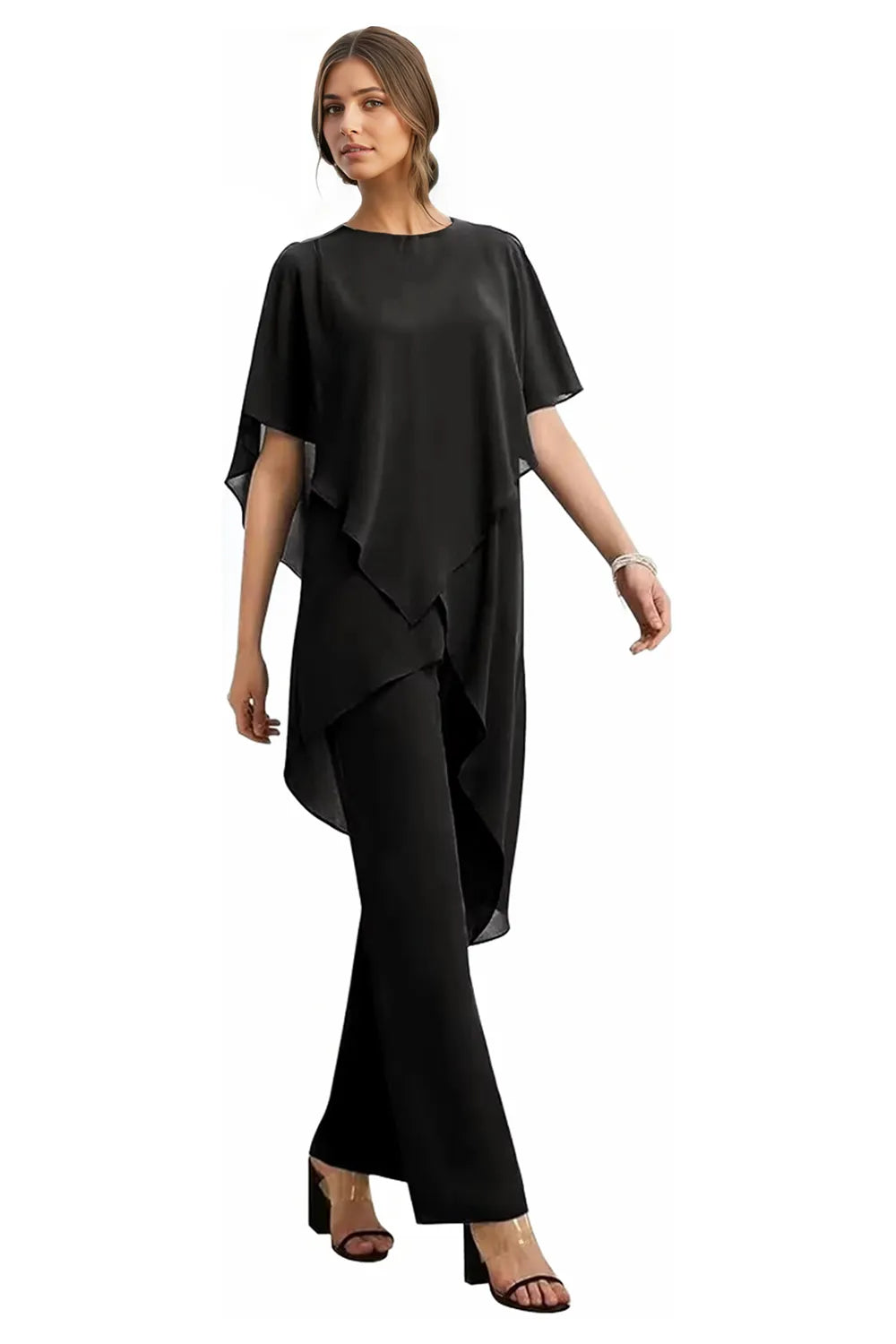 Julianne chiffon trouser set in black, full-length front view