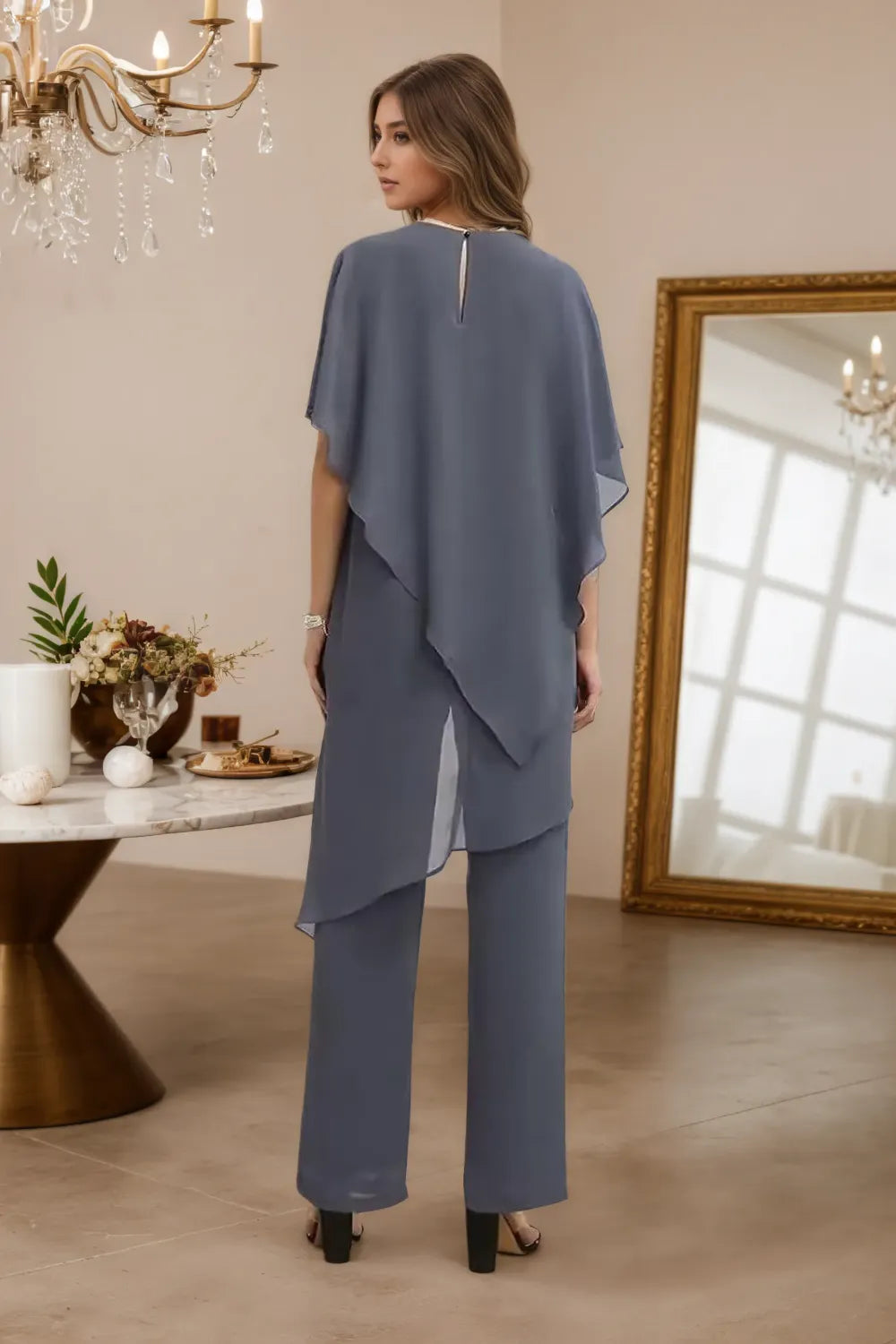 Julianne chiffon trouser set in slate blue, back view with keyhole button