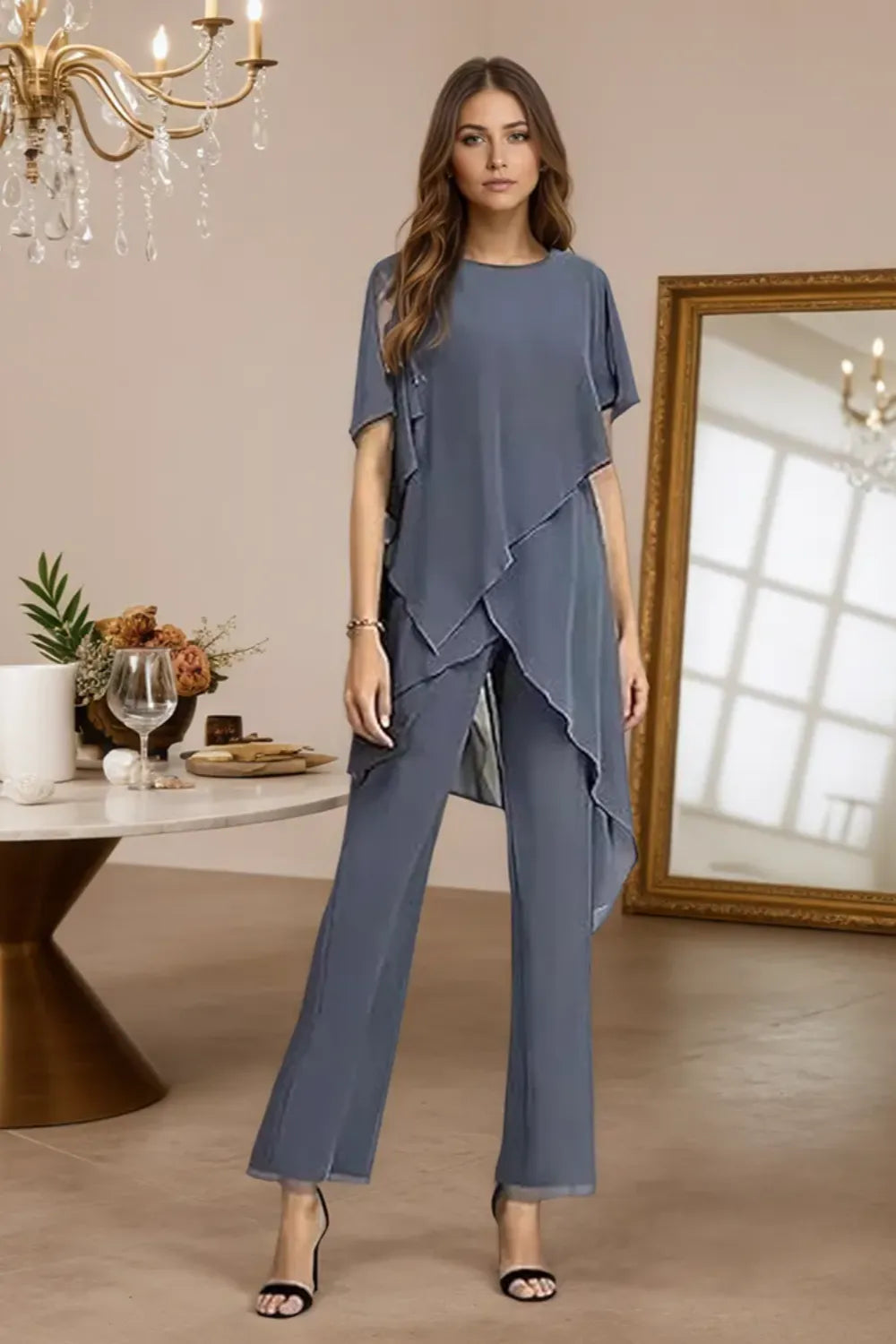 Julianne chiffon trouser set in slate blue, full-length front view