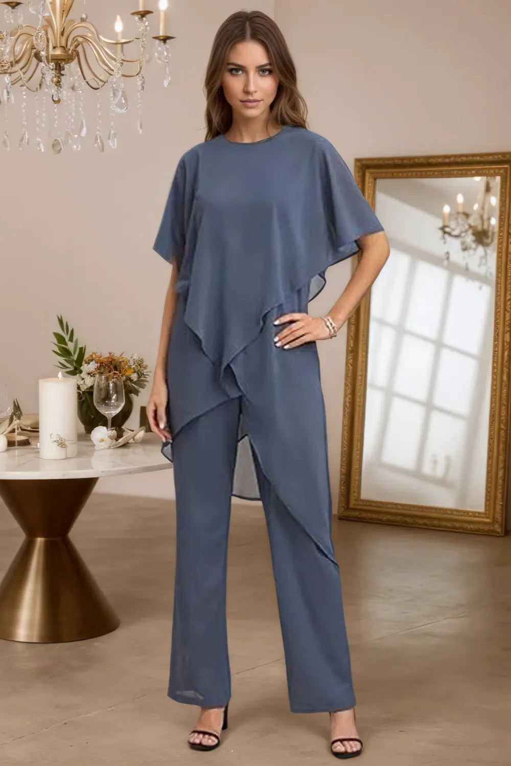 Julianne chiffon trouser set in slate blue, full-length front view