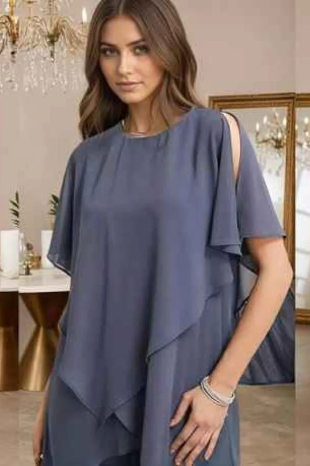 Julianne chiffon trouser set in slate blue, close-up of layered top and split sleeve