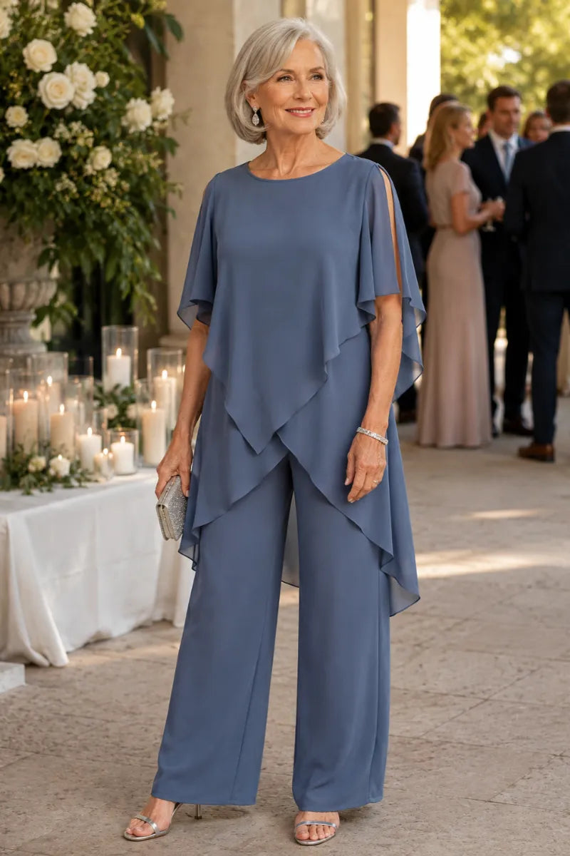 Julianne chiffon trouser set in dusty blue, full-length view at a wedding