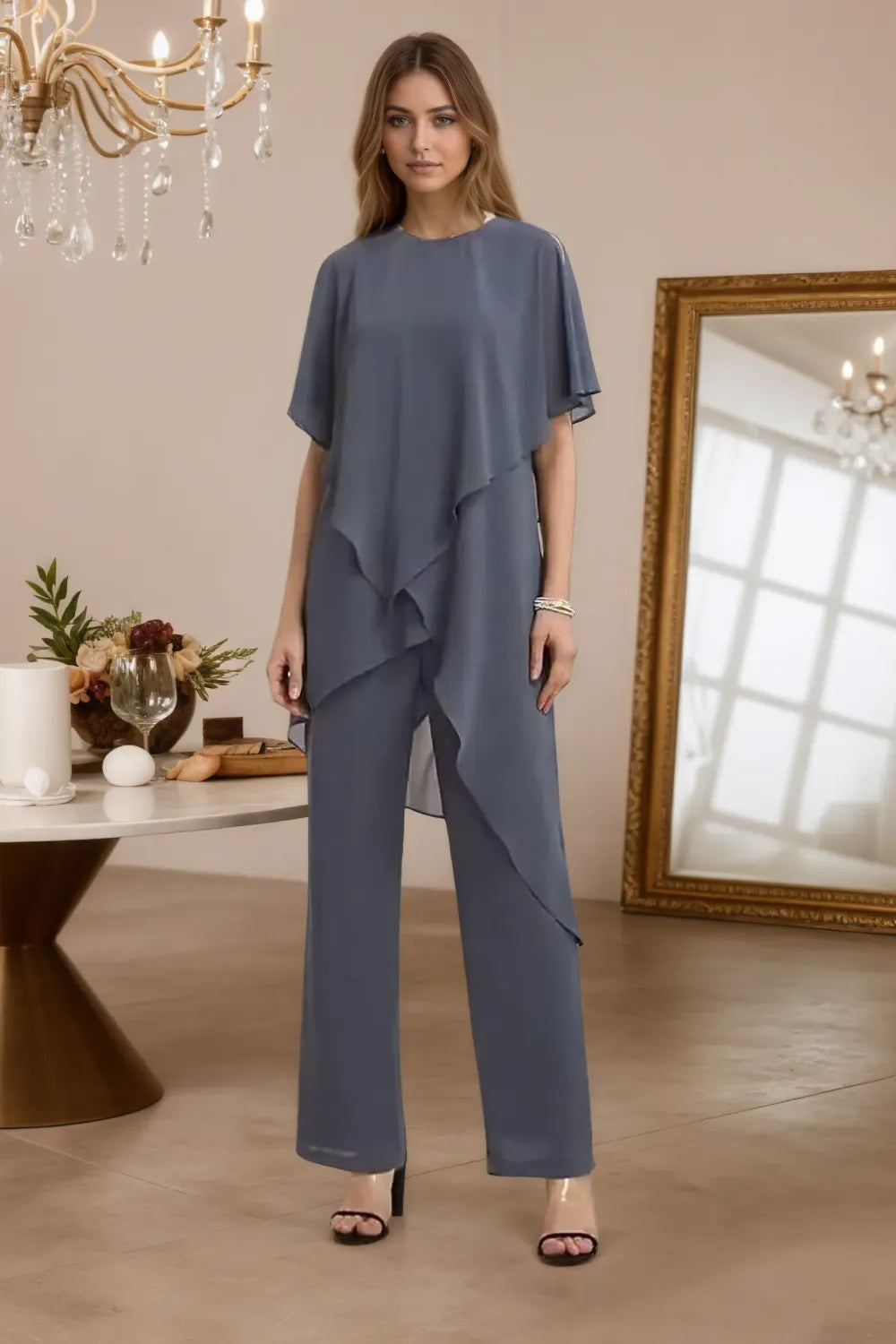 Julianne chiffon trouser set in slate blue, front view with asymmetric hem