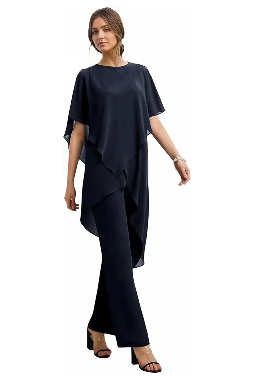 Julianne chiffon trouser set in navy, full-length front view