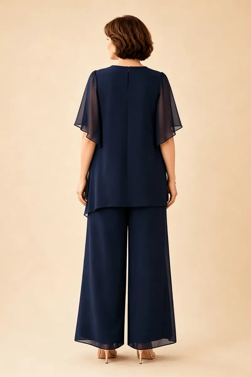 Annabel chiffon cape trouser suit in navy, full-length back view