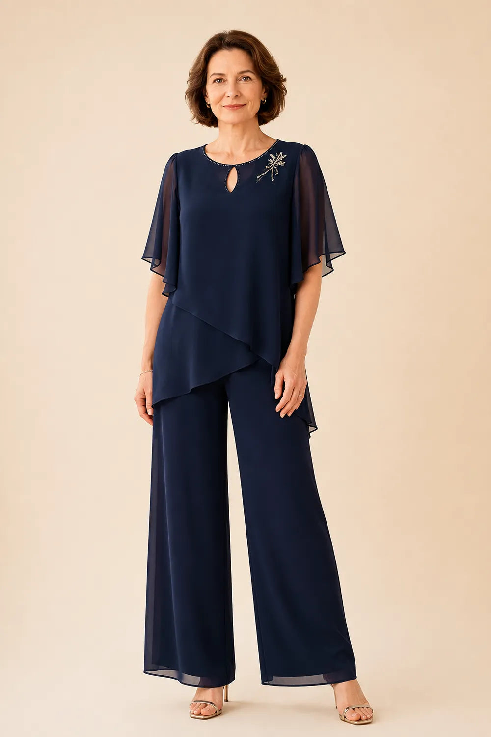 Annabel chiffon cape trouser suit in navy, full-length front view