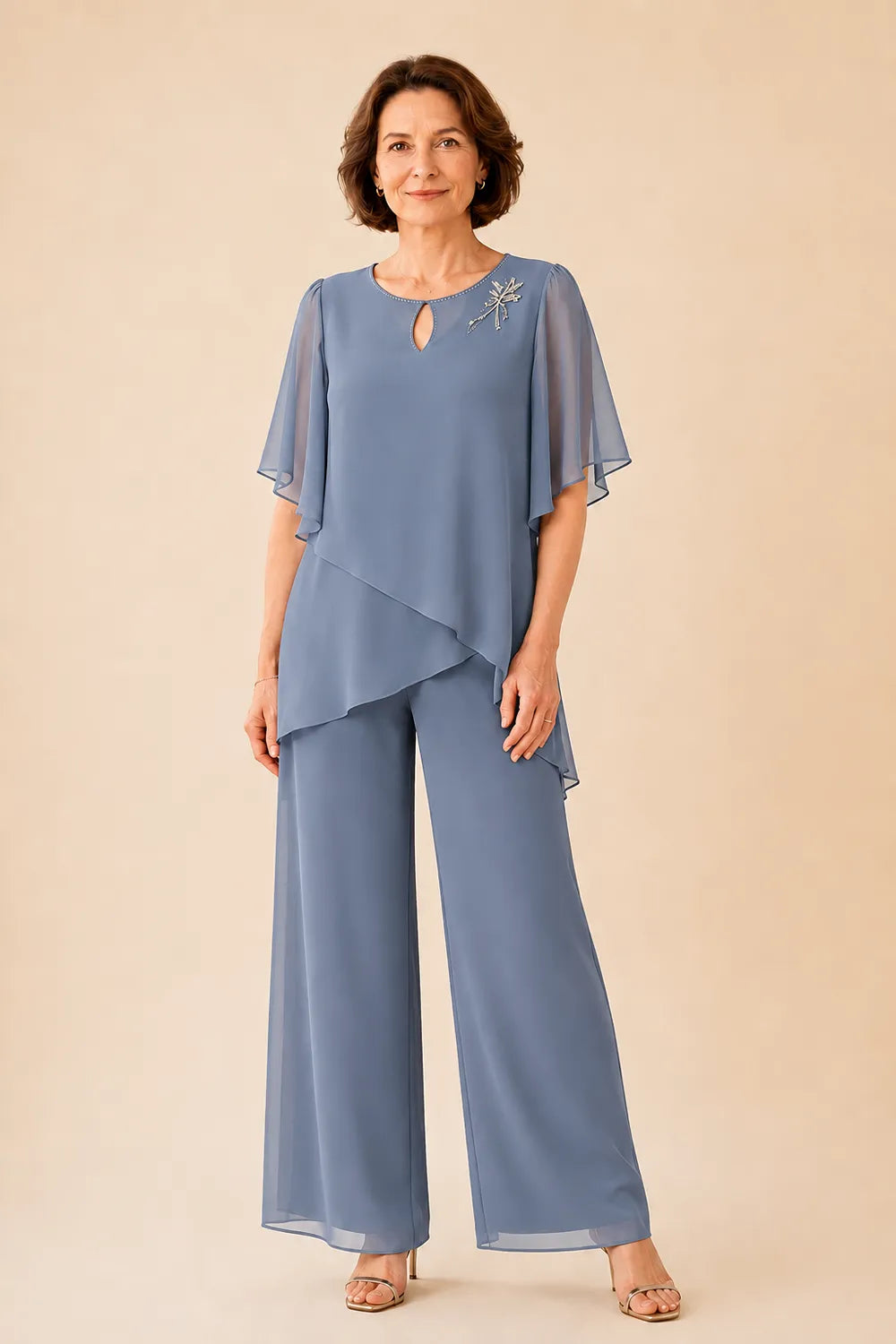 Annabel chiffon cape trouser suit in dusty blue, full-length front view