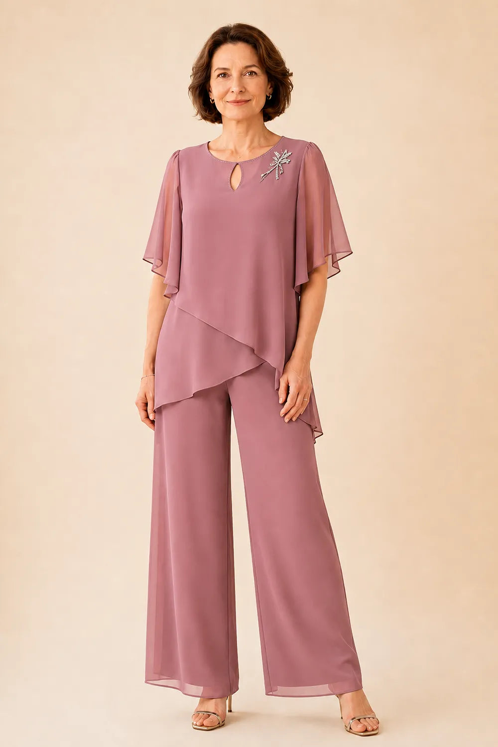 Annabel chiffon cape trouser suit in dusty rose, full-length front view