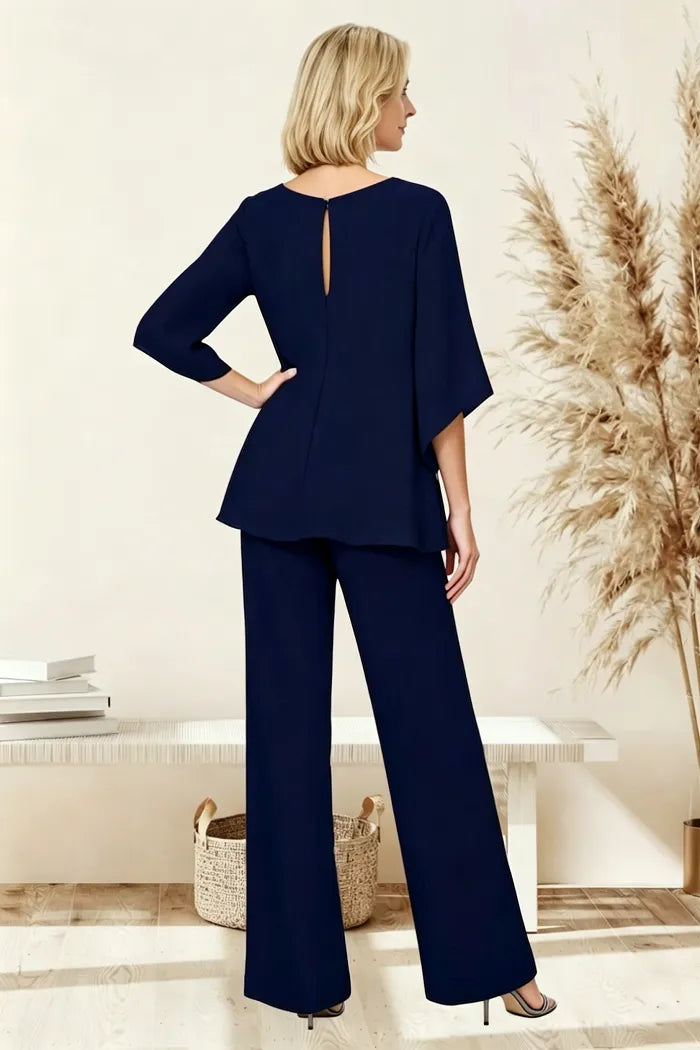 Rosemary layered chiffon trouser suit in navy, back view with keyhole opening