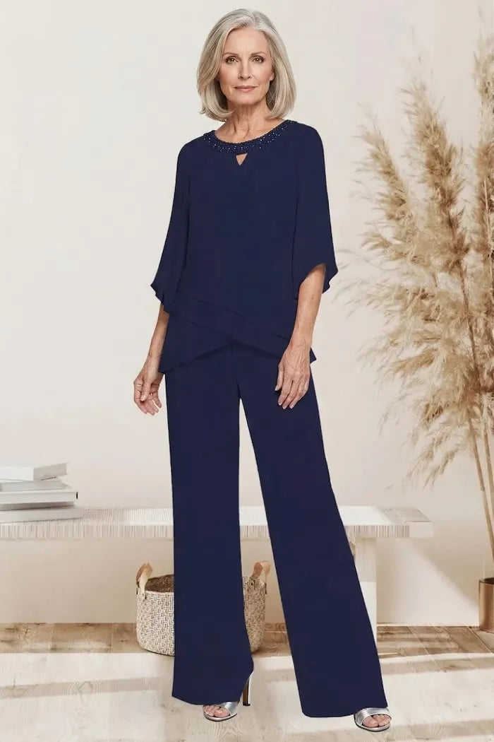 Rosemary layered chiffon trouser suit in navy, front view with beaded keyhole neckline