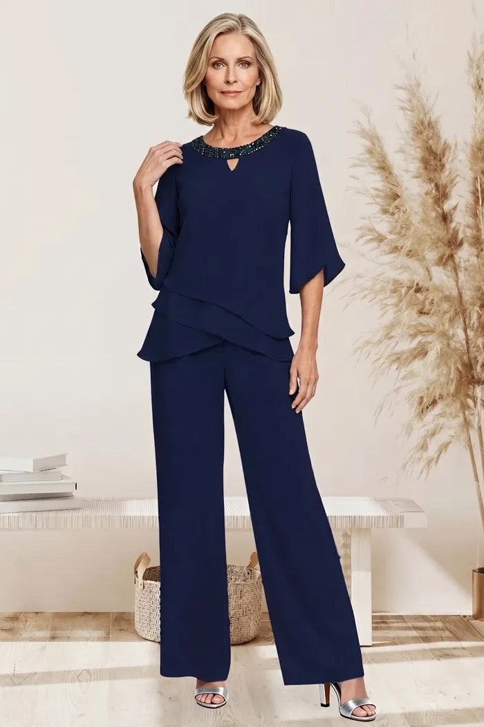 Rosemary layered chiffon trouser suit in navy, front view with split sleeves